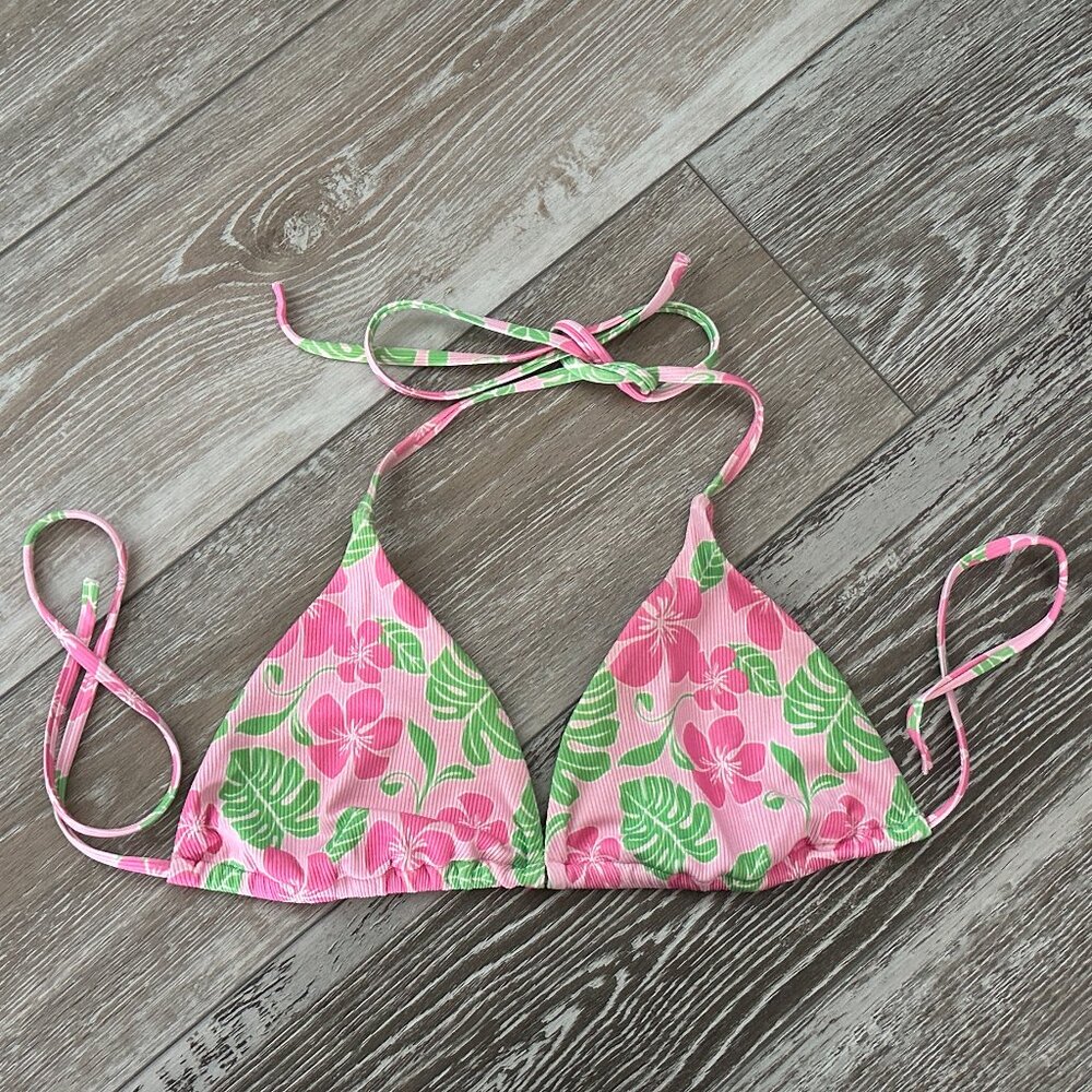 Shein Swimwear Sz L Bikini Top Pinks & Green Tropical Floral Print
